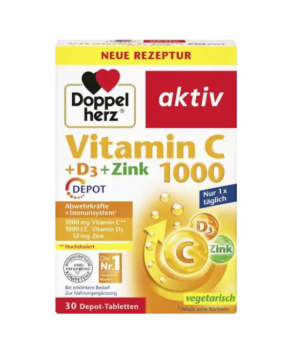 Doppleherz Active Vitamin C 1000 + D3 + Zinc , 30 tablets.