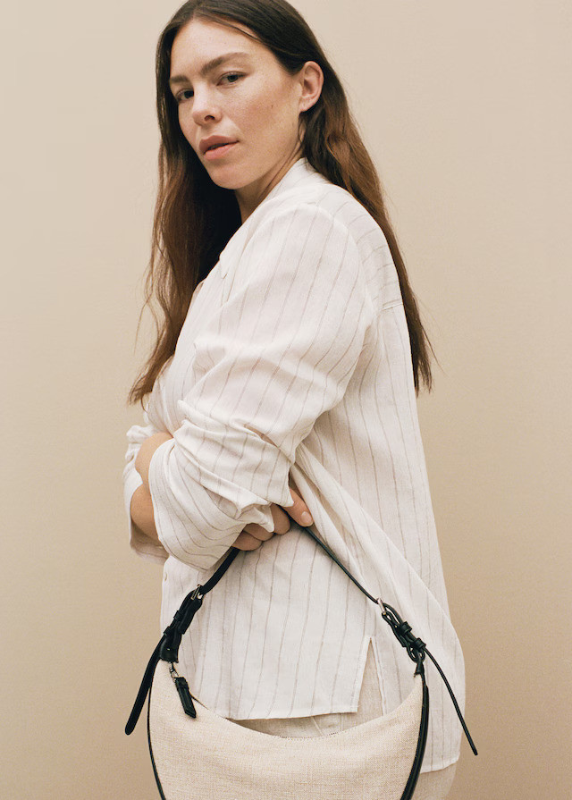 Mango Oval-shaped mini shoulder bag made of linen blend
