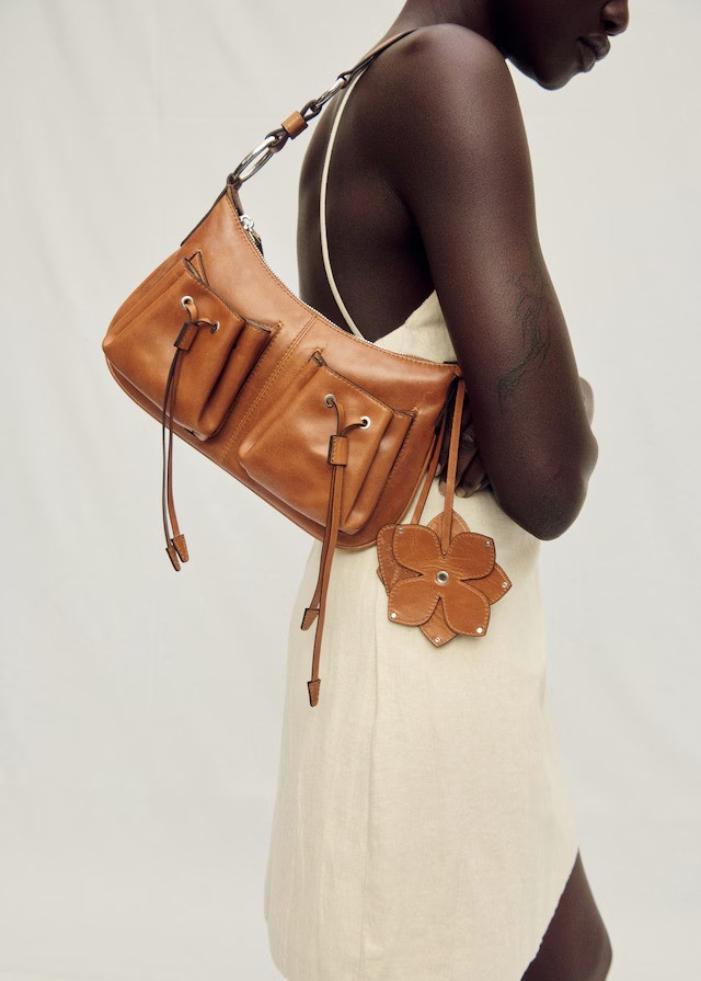 Mango Leather shoulder bag with gathered pockets