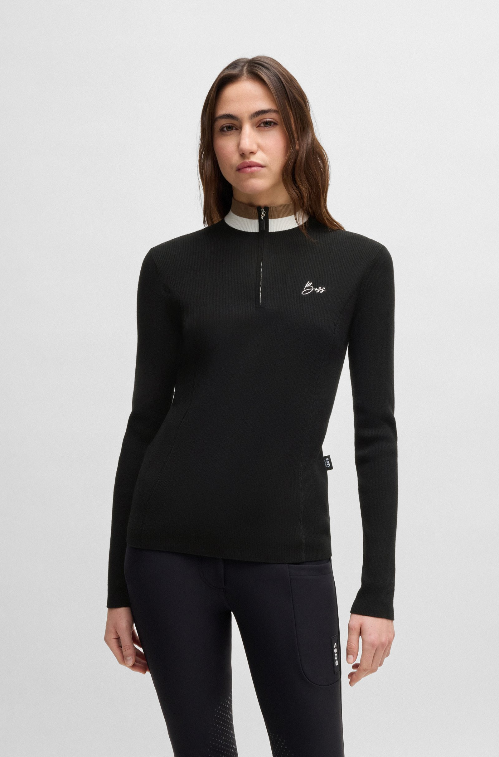 BOSS Equestrian zip-neck sweater with ribbed structure