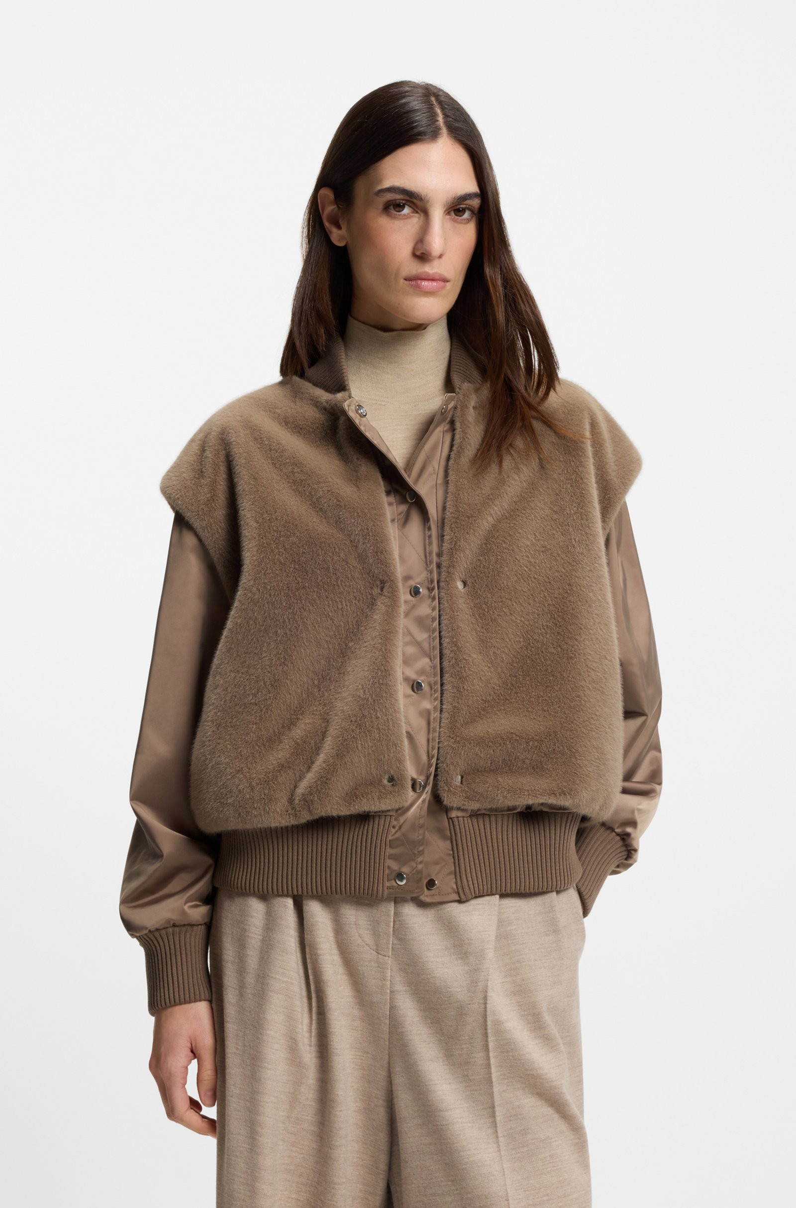 BOSS Satin bomber jacket with removable faux-fur gilet