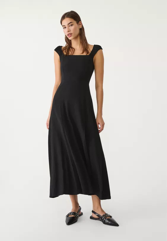 Stradivarius Flowing midi dress with wrap back and linen detail