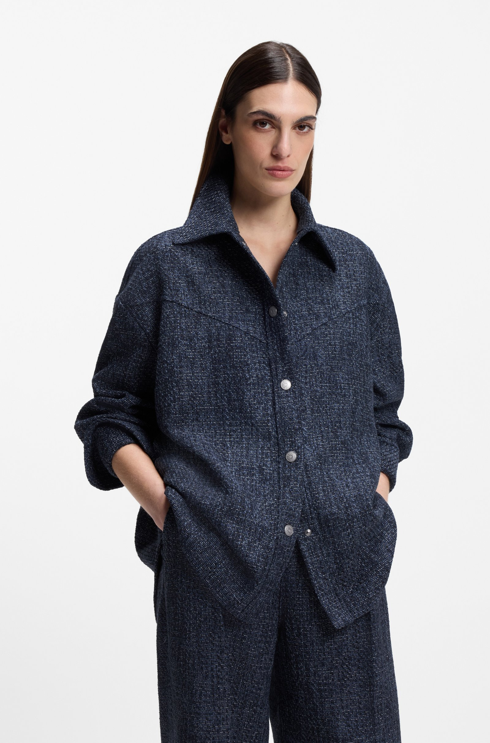 BOSS Relaxed-fit overshirt in denim-look tweed