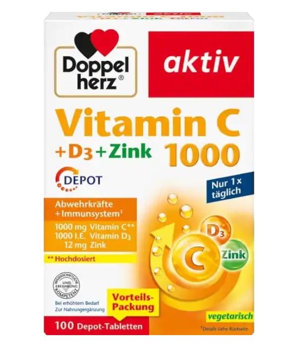 To strengthen the immune system: Doppelherz Large pack – Vitamin C 1000 + D3 + Zinc Depot (time-release formula) , 100 tablets.