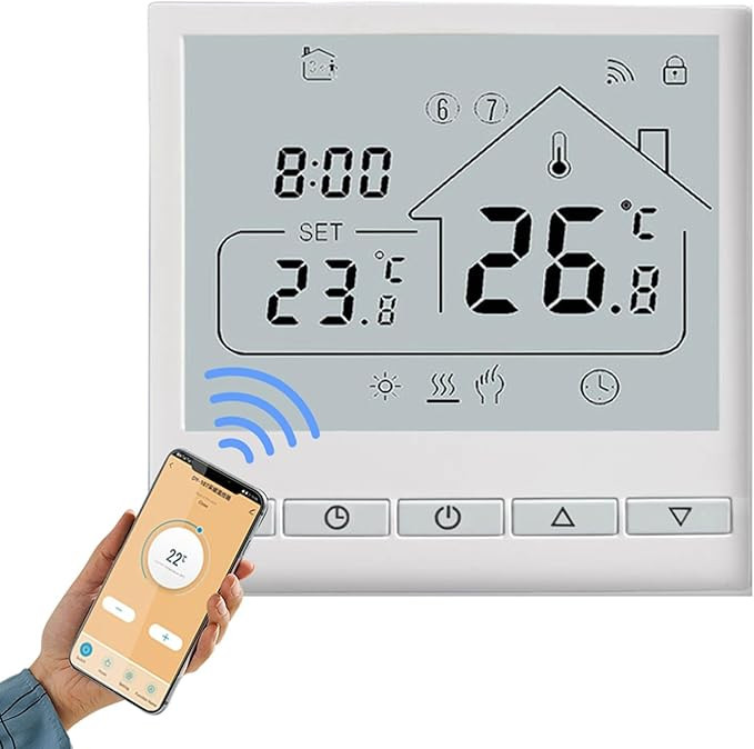 WiFi Smart Thermostat Programmable 6 Segment Weekly Schedule Tuya App Voice Control LCD Display Temperature Controller for Heating Systems White 86x86x15mmmm (WiFi 16A Electric Heating)
