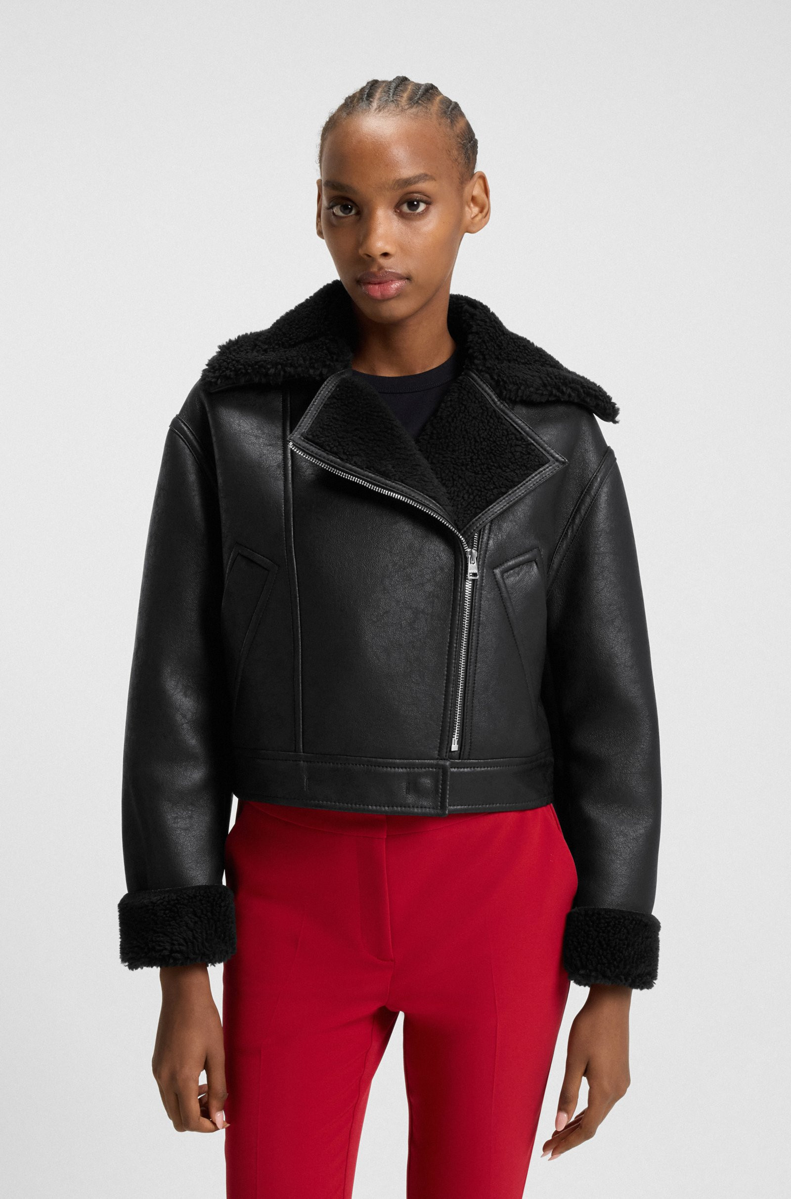 HUGO Oversized-fit faux-leather jacket with faux shearling