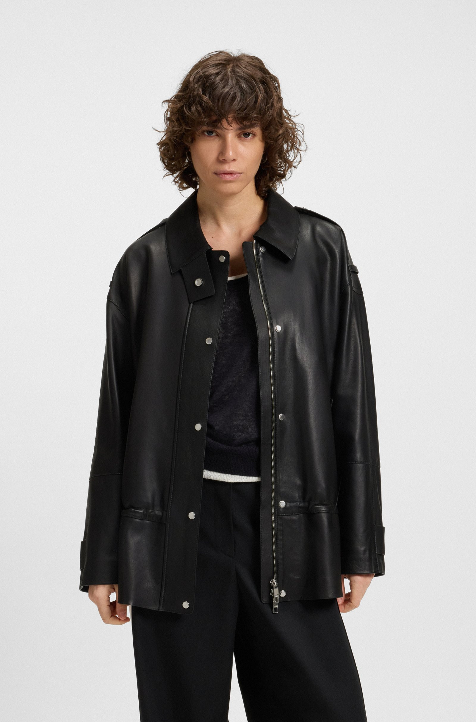 BOSS Long-length biker jacket in leather