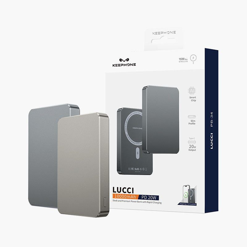 KEEPHONE PB-34 tashqi akkumulyatorli simsiz quvvat banki Lucci , 10000 mA/soat / Tez batareya zaryadlash: PD 20 Vt, QC 22,5 Vt va MagSafe 15 Vt / Powerbank Titanium