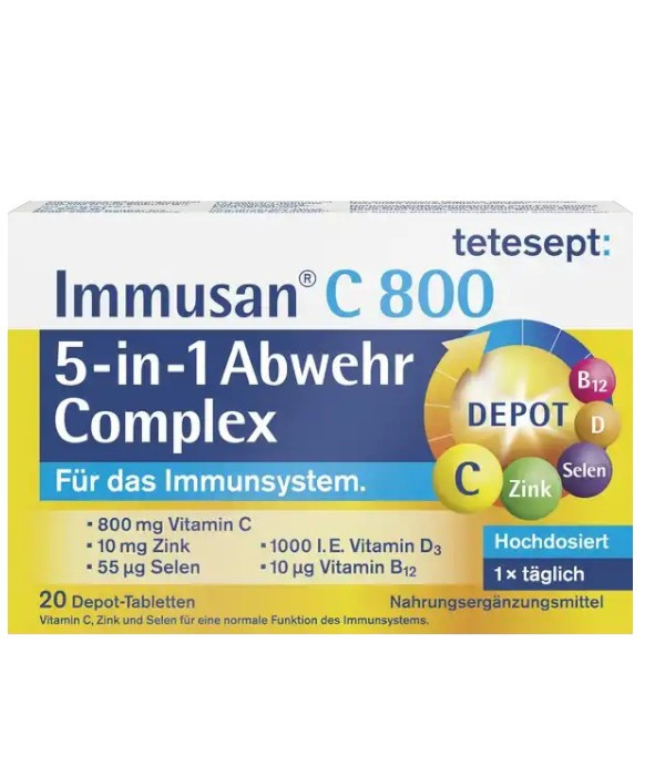 To strengthen the immune system: tetesept Immusan C 800 – 5-in-1 Defense Complex, 20 tablets.