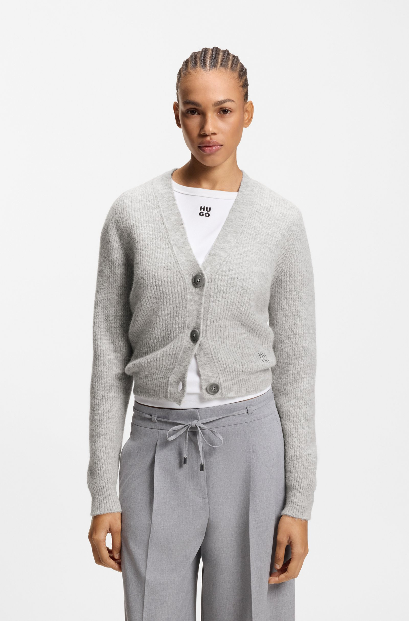 HUGO Relaxed-fit cardigan with stacked-logo embroidery
