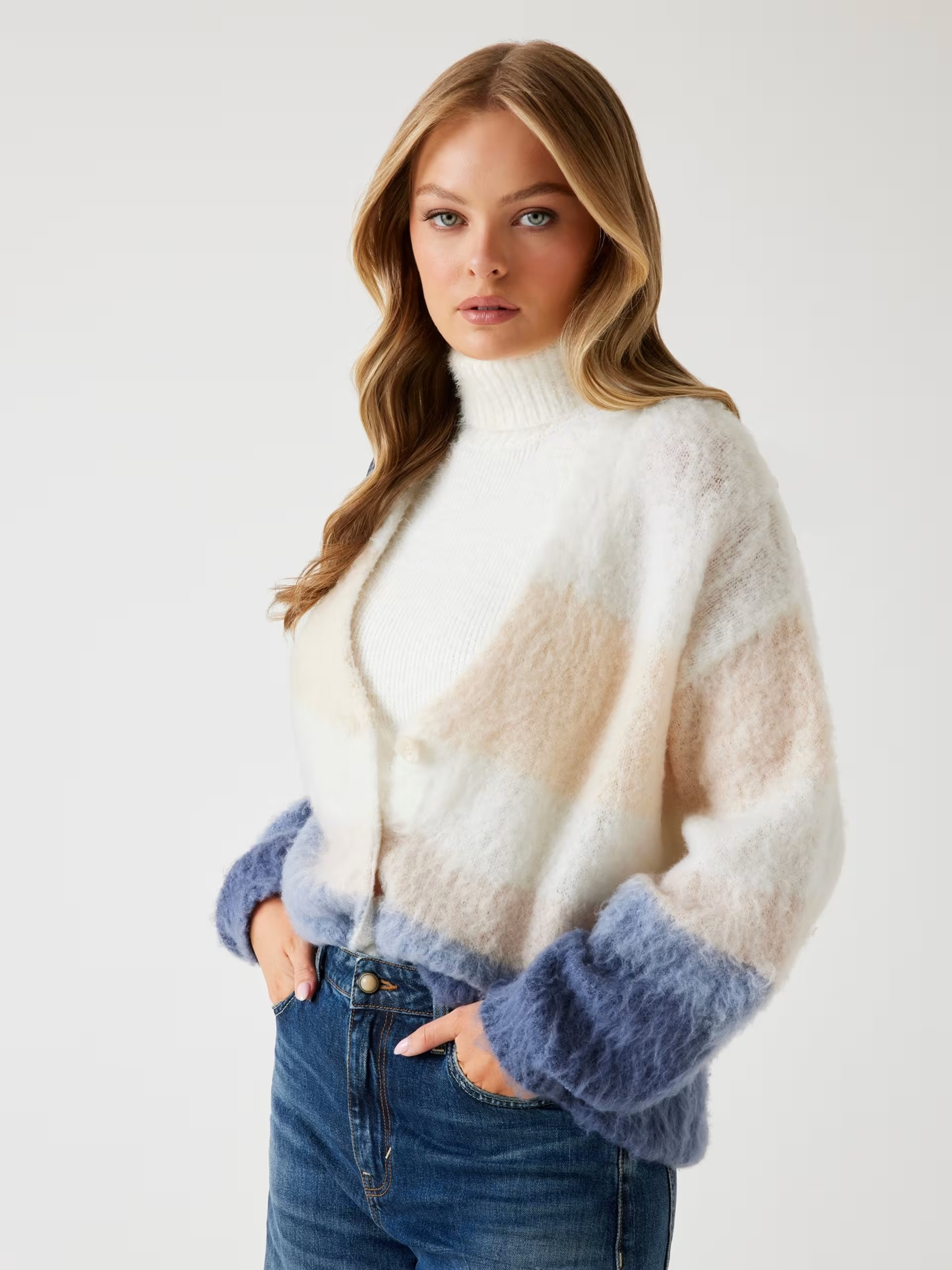 Guess Color block fuzzy cardigan