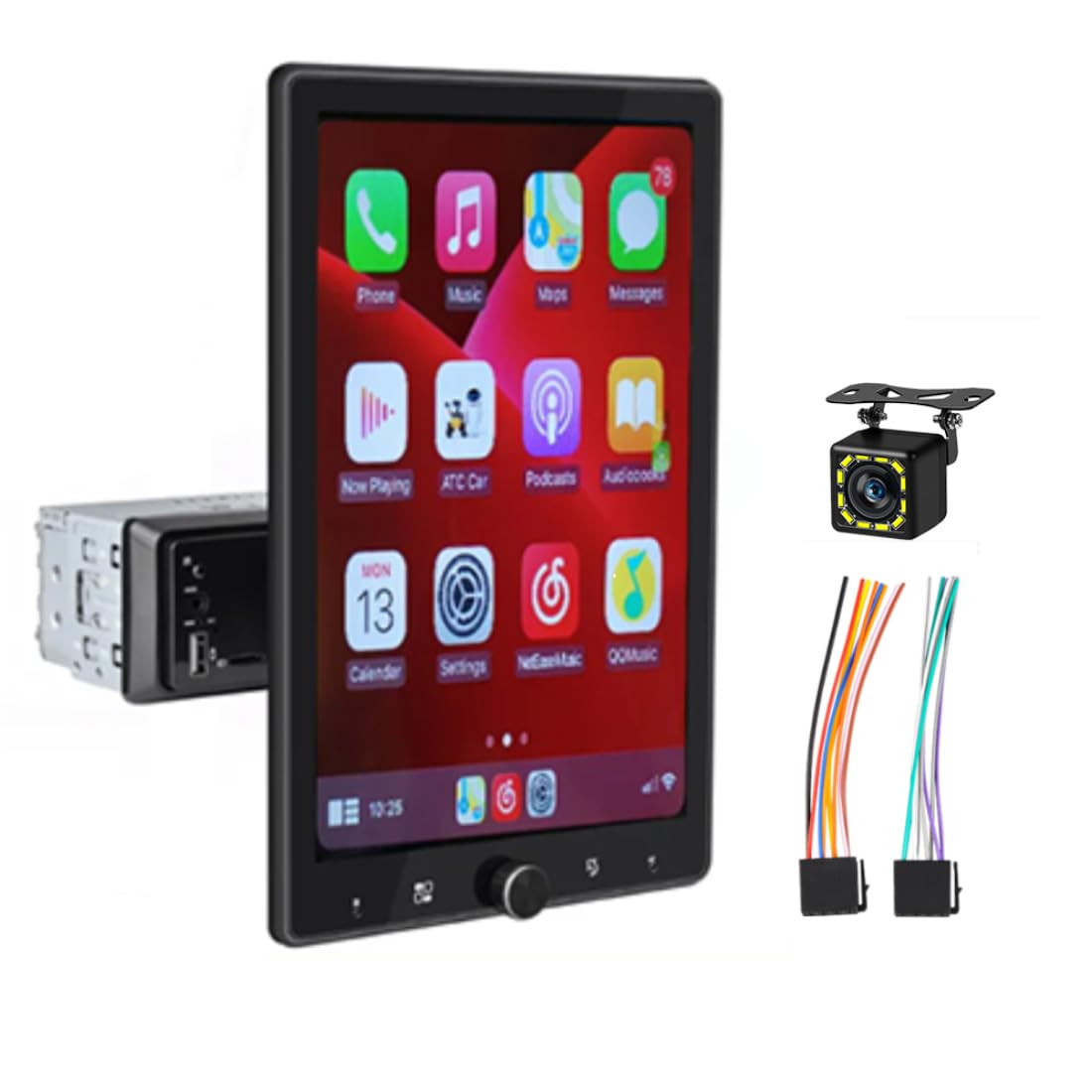 Car Stereo Carplay Android Auto 10 Inch Touch Screen 1Din Car Radio Smart Voice Mirror Link Manual Rotation FM USB AUX 12 LED Camera & Bluetooth5.1