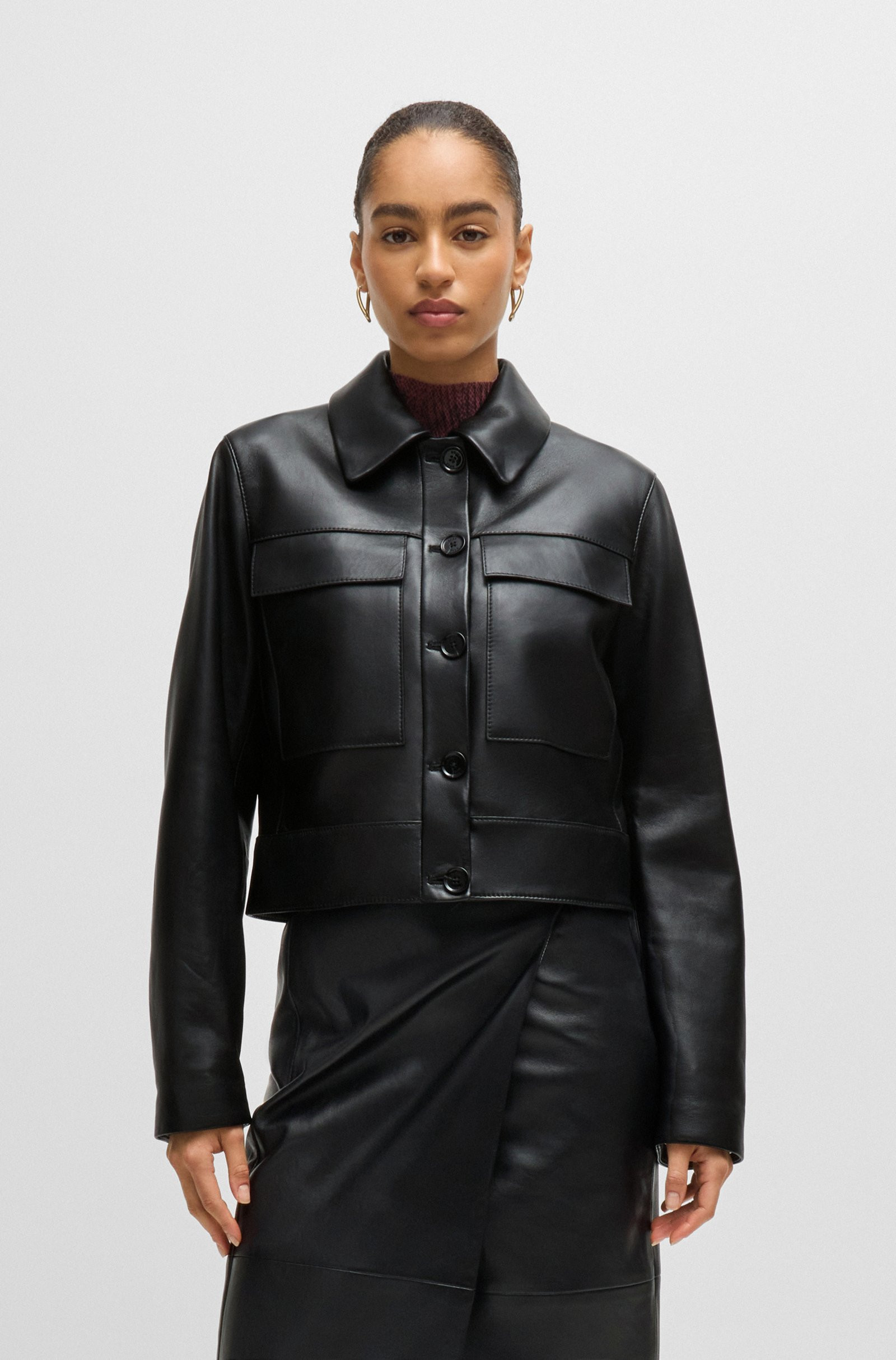 BOSS Leather jacket with contrast cuffs and buttoned closure