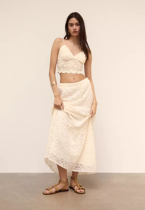Stradivarius Flowing midi skirt with lace