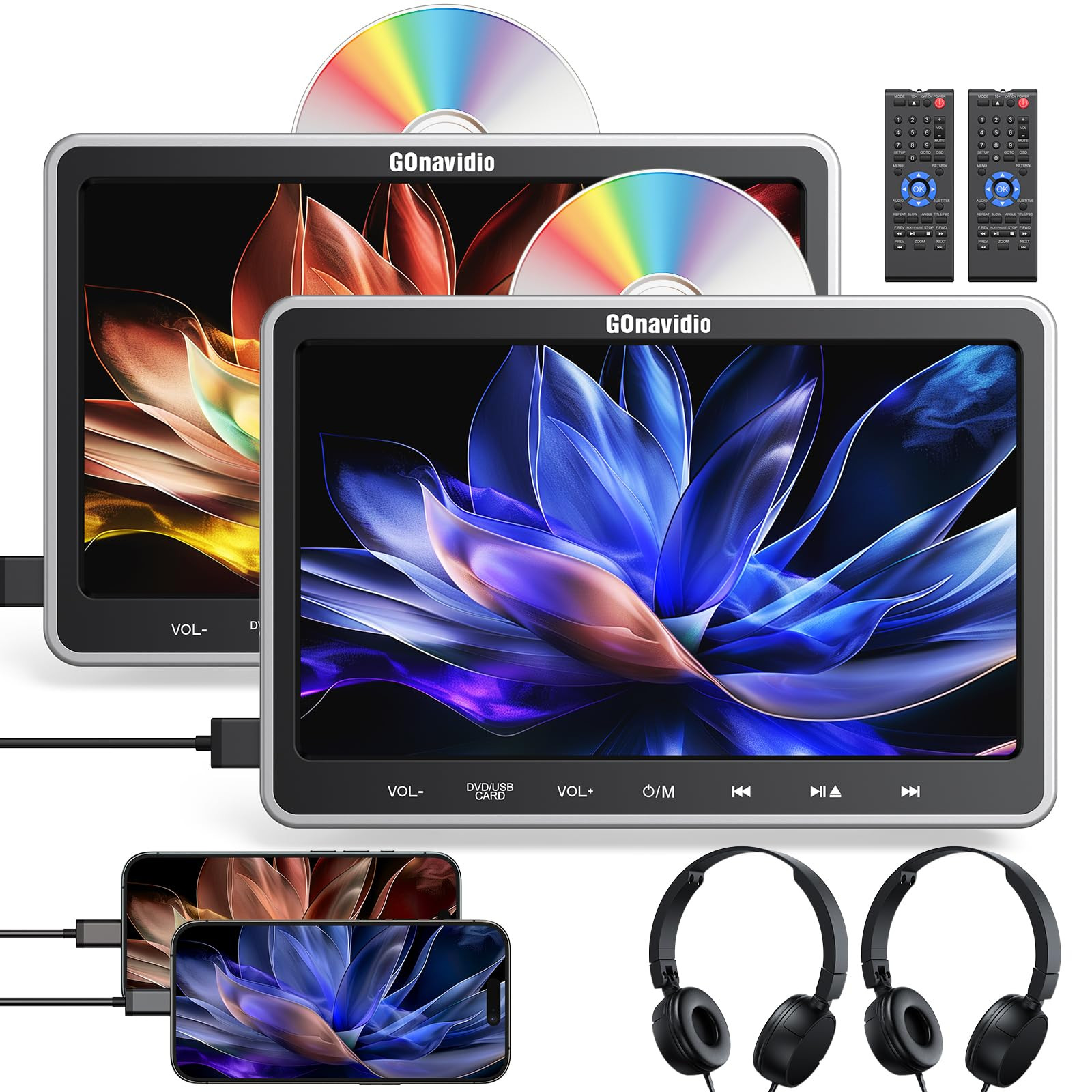 GONavidio Headrest Monitor DVD Set of 2 Slot In HDMI Input Smartphone Sync DVD Player Car Inch CPRM Resume Region Free Headset 2 Pieces 1080P Video SD