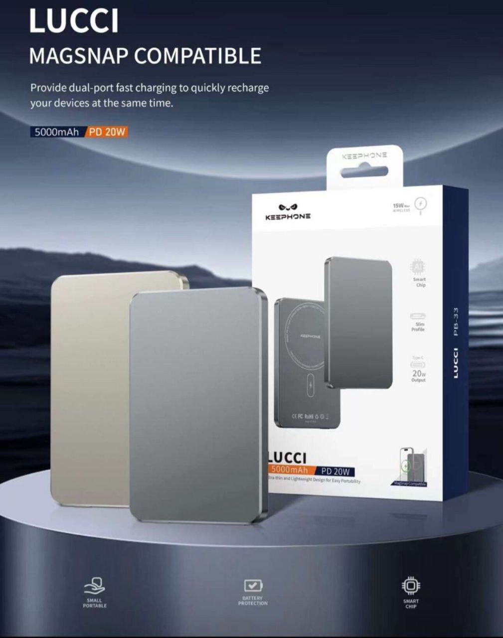 KEEPHONE PB-33 tashqi akkumulyatorli simsiz quvvat banki Lucci , 5000 mA/soat / Tez batareya quvvati: PD 20 Vt va MagSafe 15 Vt / Ultra yupqa quvvat banki Powerbank Titanium