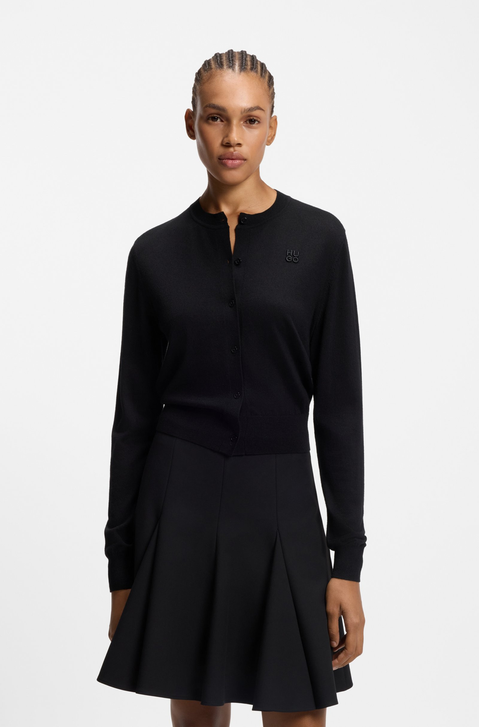 HUGO Crew-neck cardigan in merino wool with stacked logo