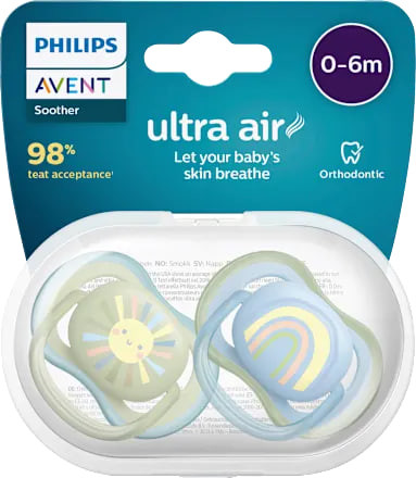 Ultra air silicone pacifier, blue / green, 0–6 months, 2 pieces, Philips Avent