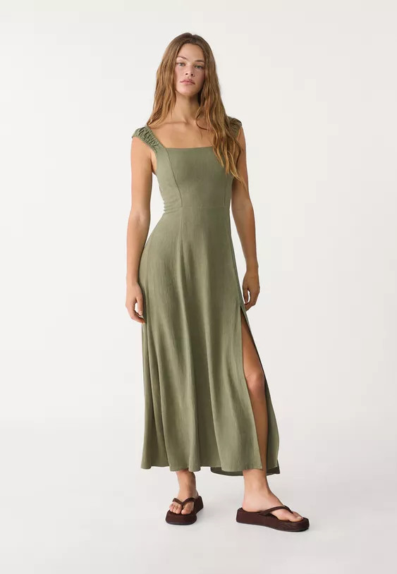 Stradivarius Flowing midi dress with wrap back and linen detail