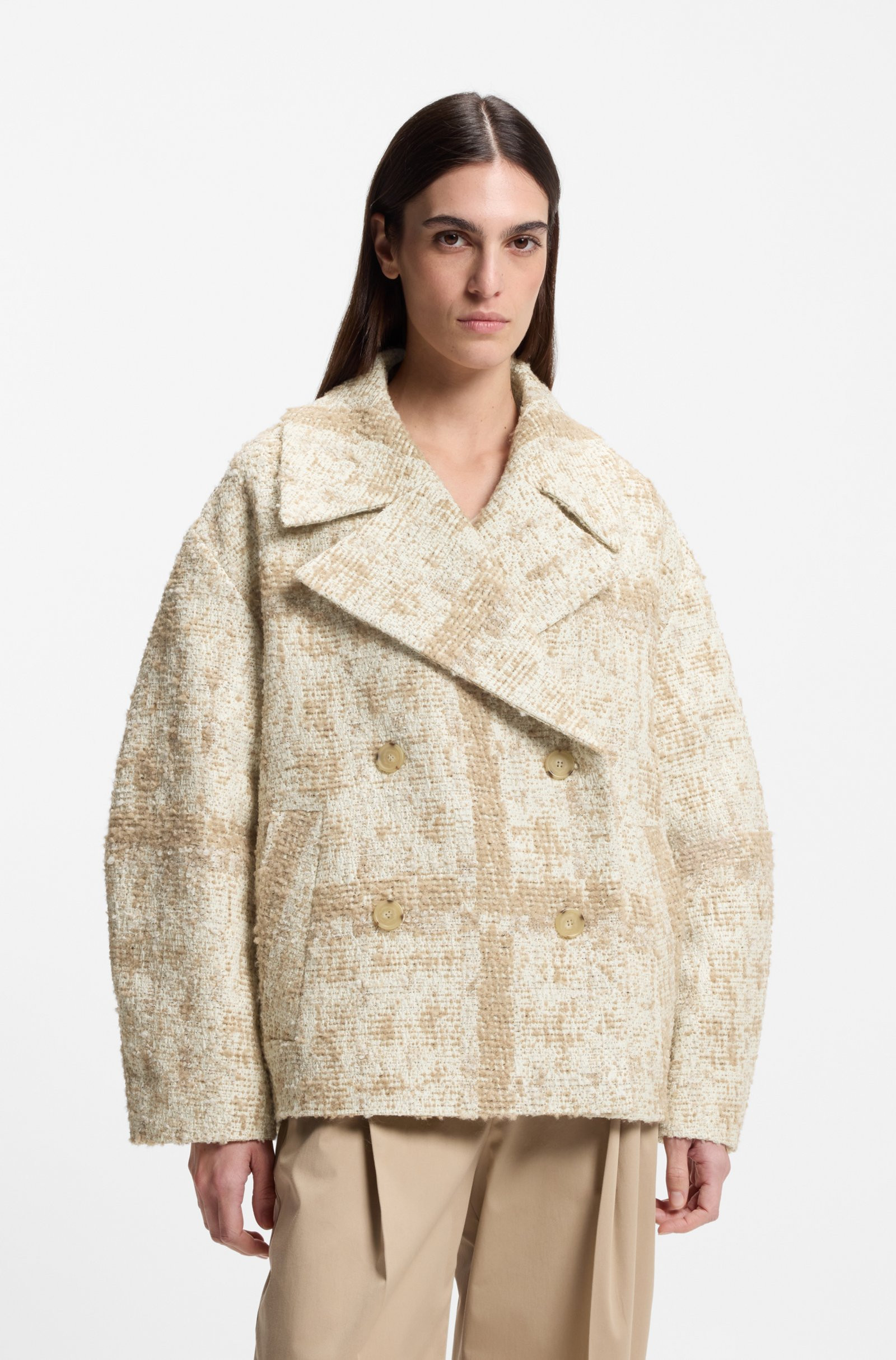 BOSS Double-breasted coat with check jacquard