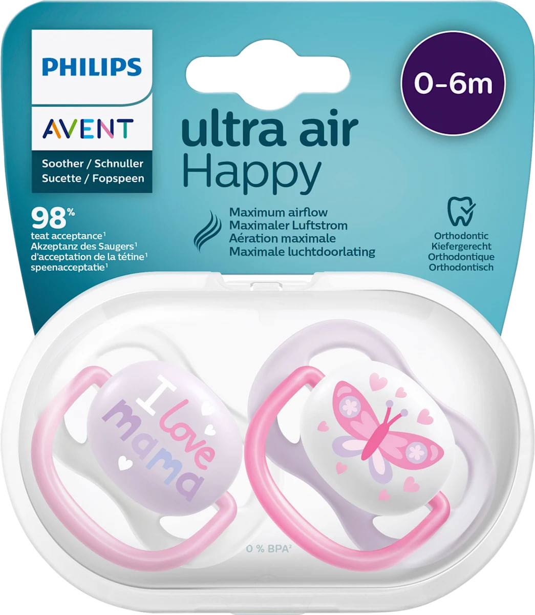 Ultra air “Happy” silicone pacifier, pink/purple, 0–6 months, 2 pieces, Philips Avent
