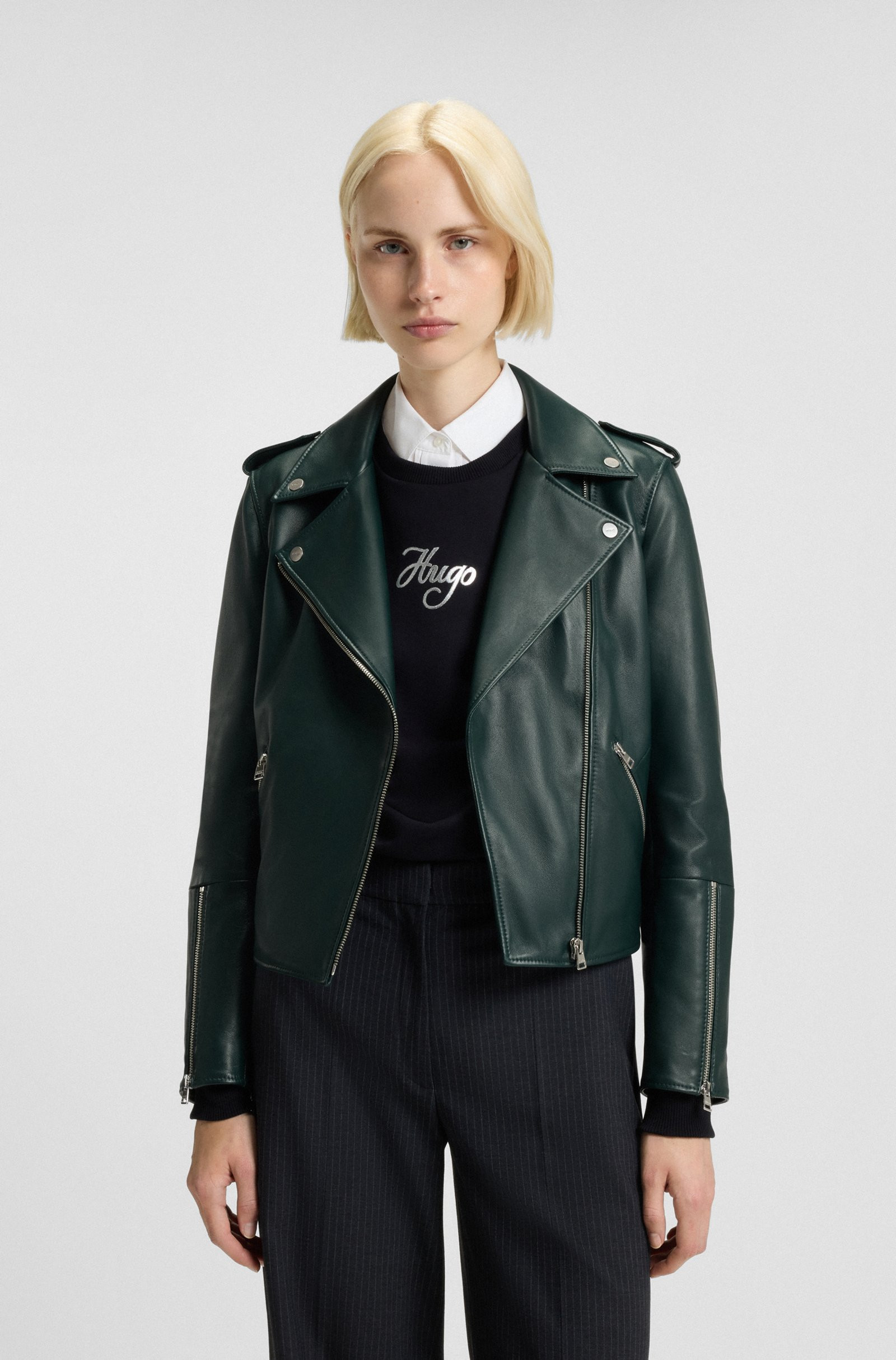HUGO Straight-fit biker jacket in leather with zipped details