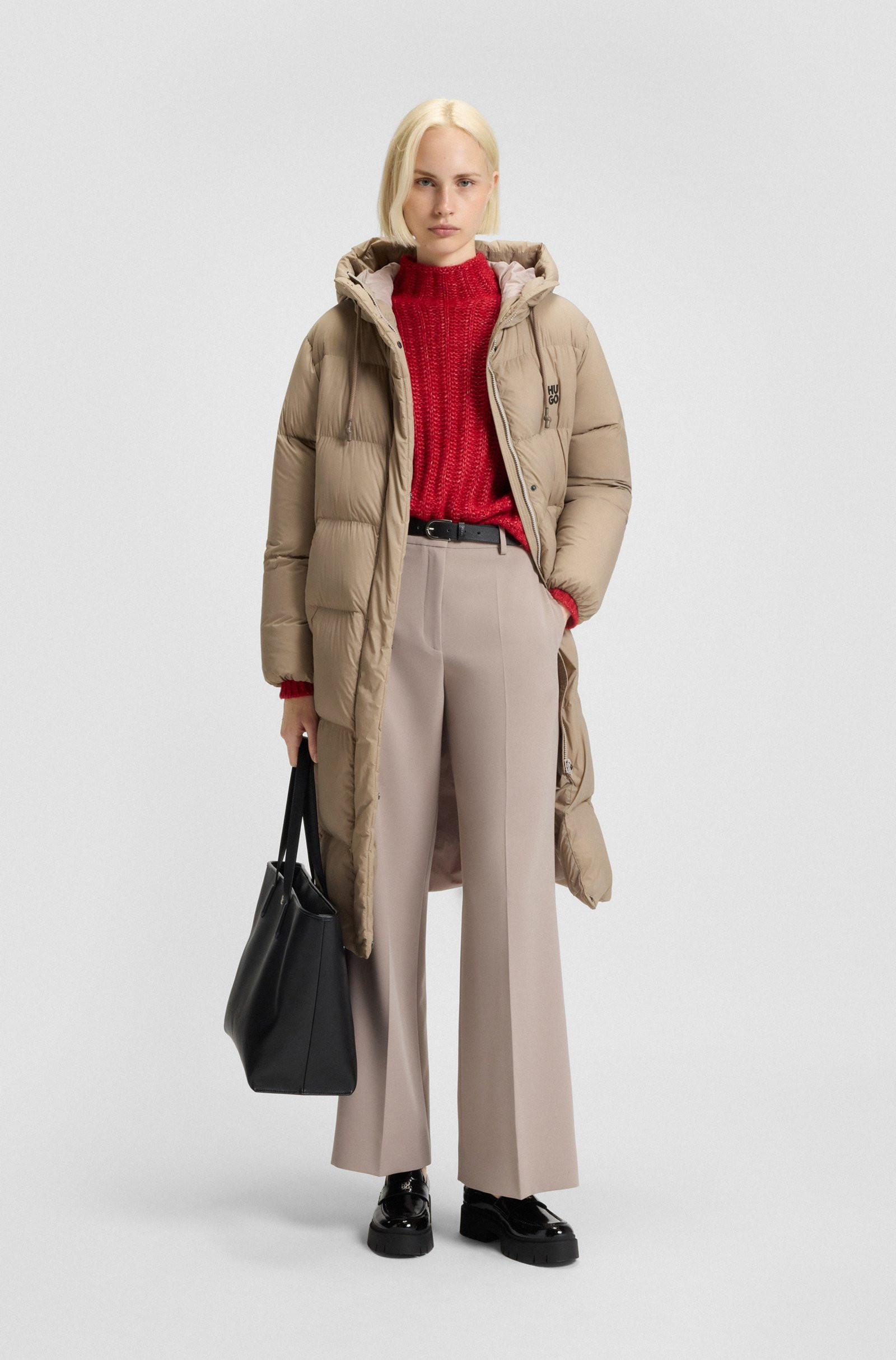 HUGO Long-length hooded down jacket with stacked-logo print