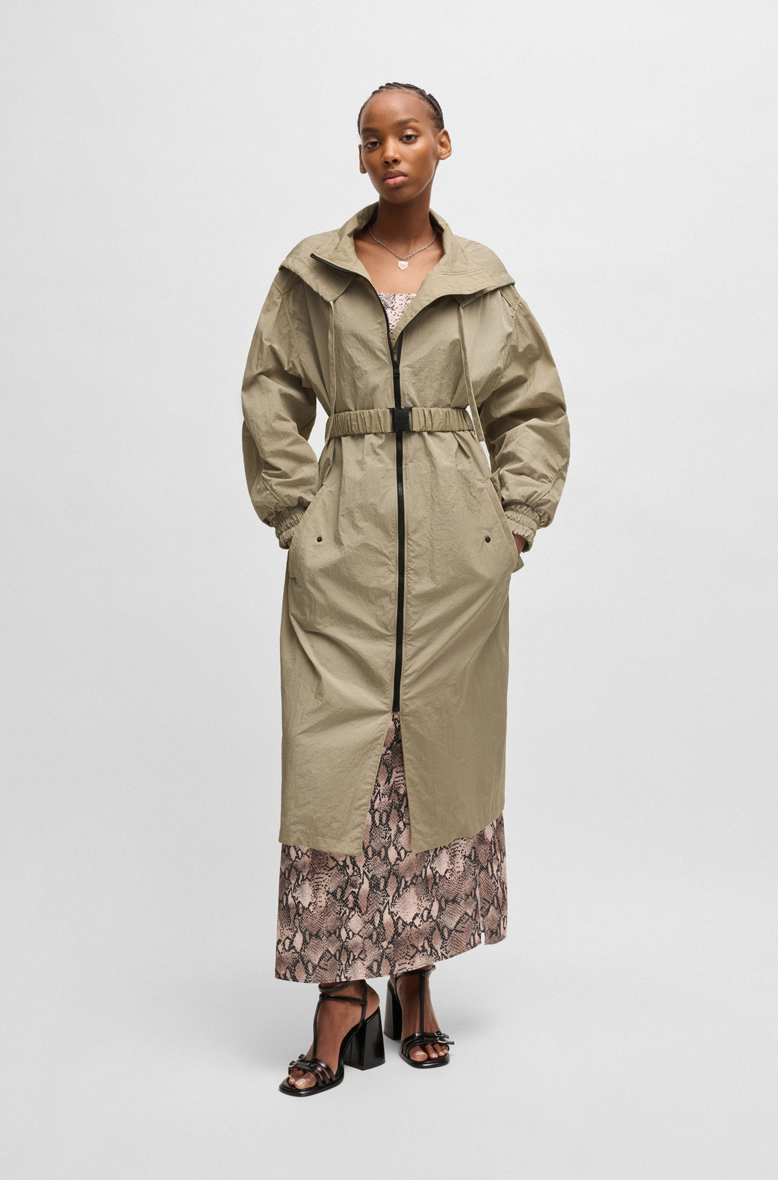 HUGO Long-length belted parka jacket in seersucker fabric