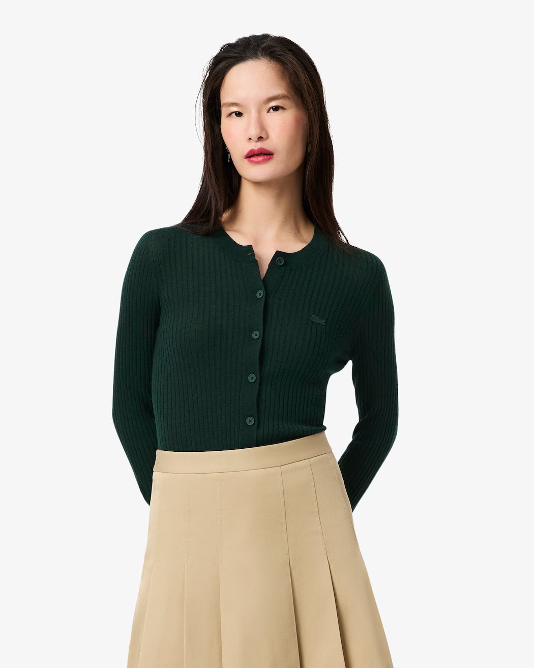 LACOSTE Ribbed knit cardigan made of merino wool