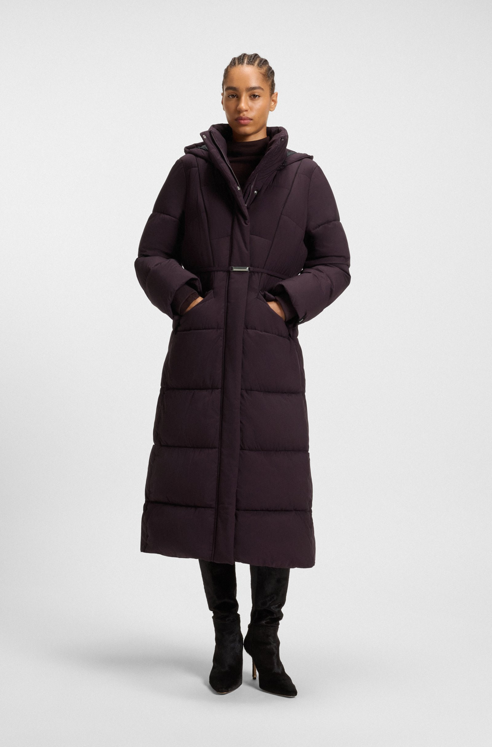BOSS Long-length padded coat with metallic belt detail