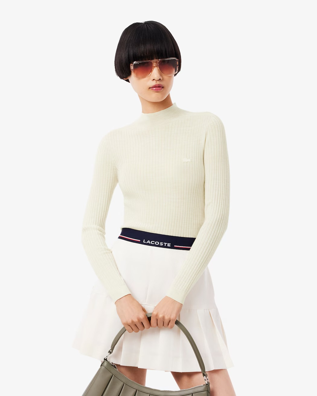 LACOSTE Ribbed knit sweater made of merino wool with a high collar