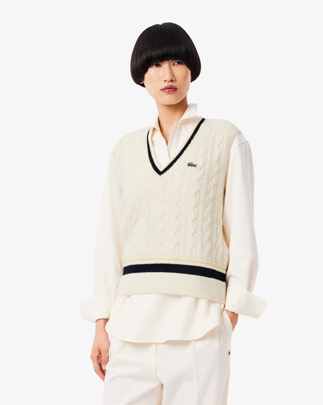 LACOSTE Sleeveless wool sweater with cable knit pattern