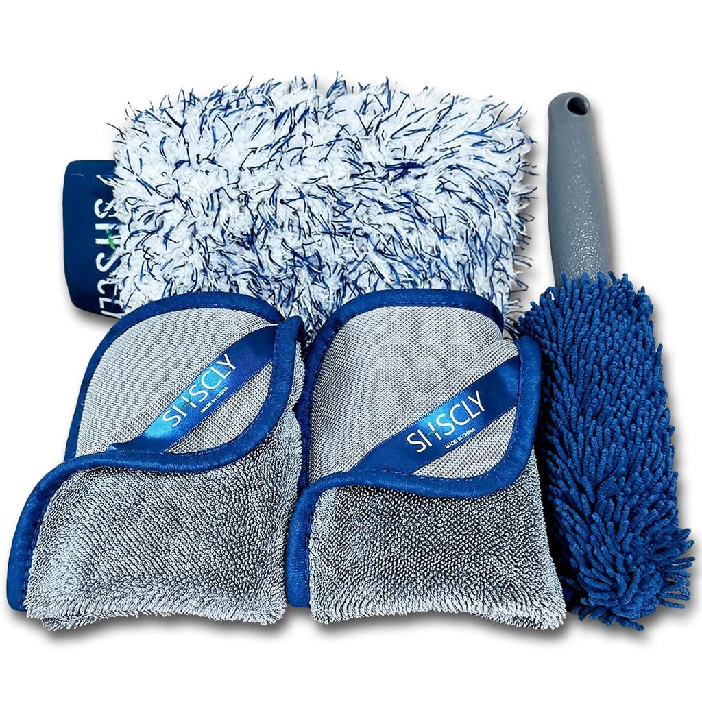 SHSCLY Car Wash Microfiber Car Wash Towel for Car Wash Brush for Car Wash Mitt Car Wash 1 1 Total of 4 Set, Wiping, Wheels, (2 Towels, Brush, Mitt,