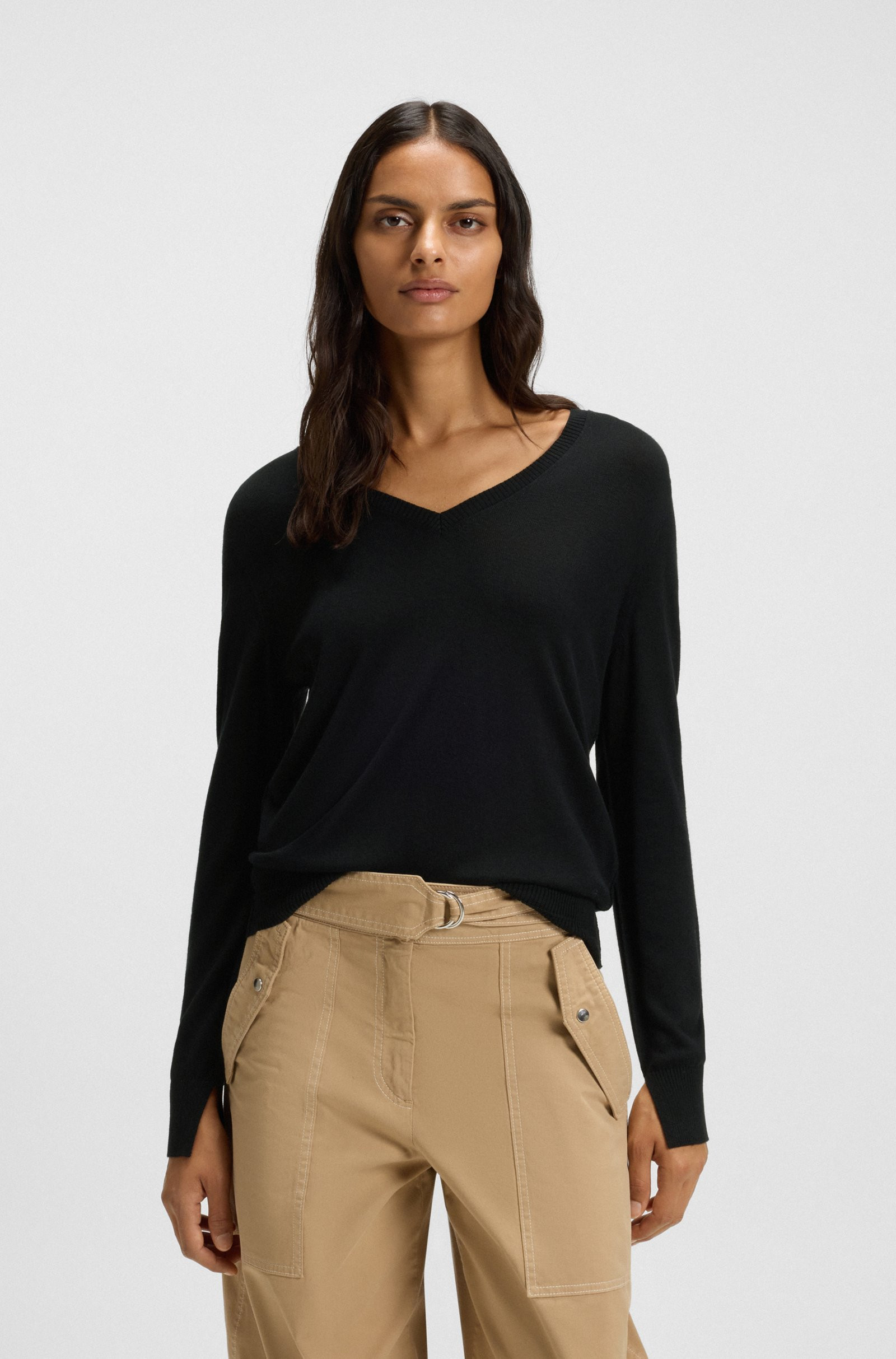 BOSS V-neck sweater with openwork stitching