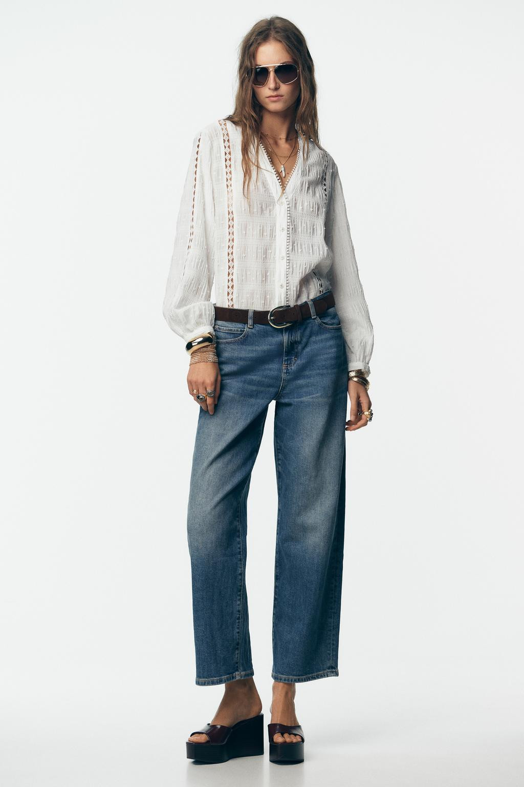 Zara DOTTED MESH AND LACE TRIM BLOUSE