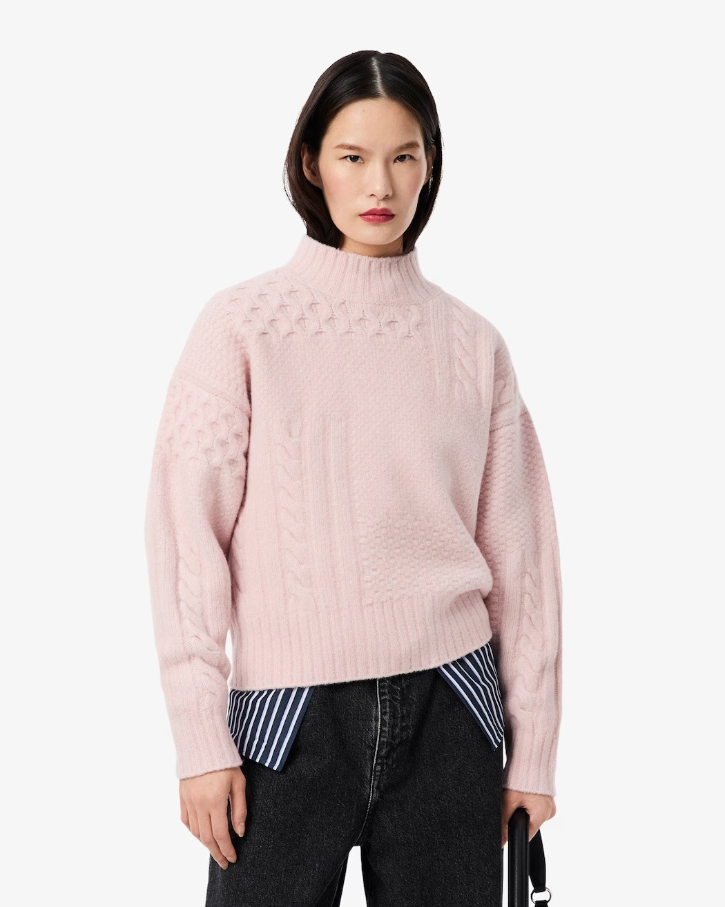 LACOSTE Wool sweater with patchwork effect and high collar