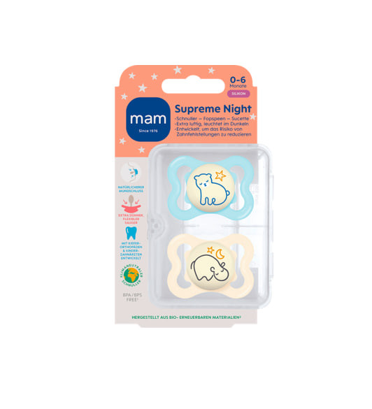 Supreme Night silicone pacifier, blue/cream, 0–6 months, 2 pieces, MAM