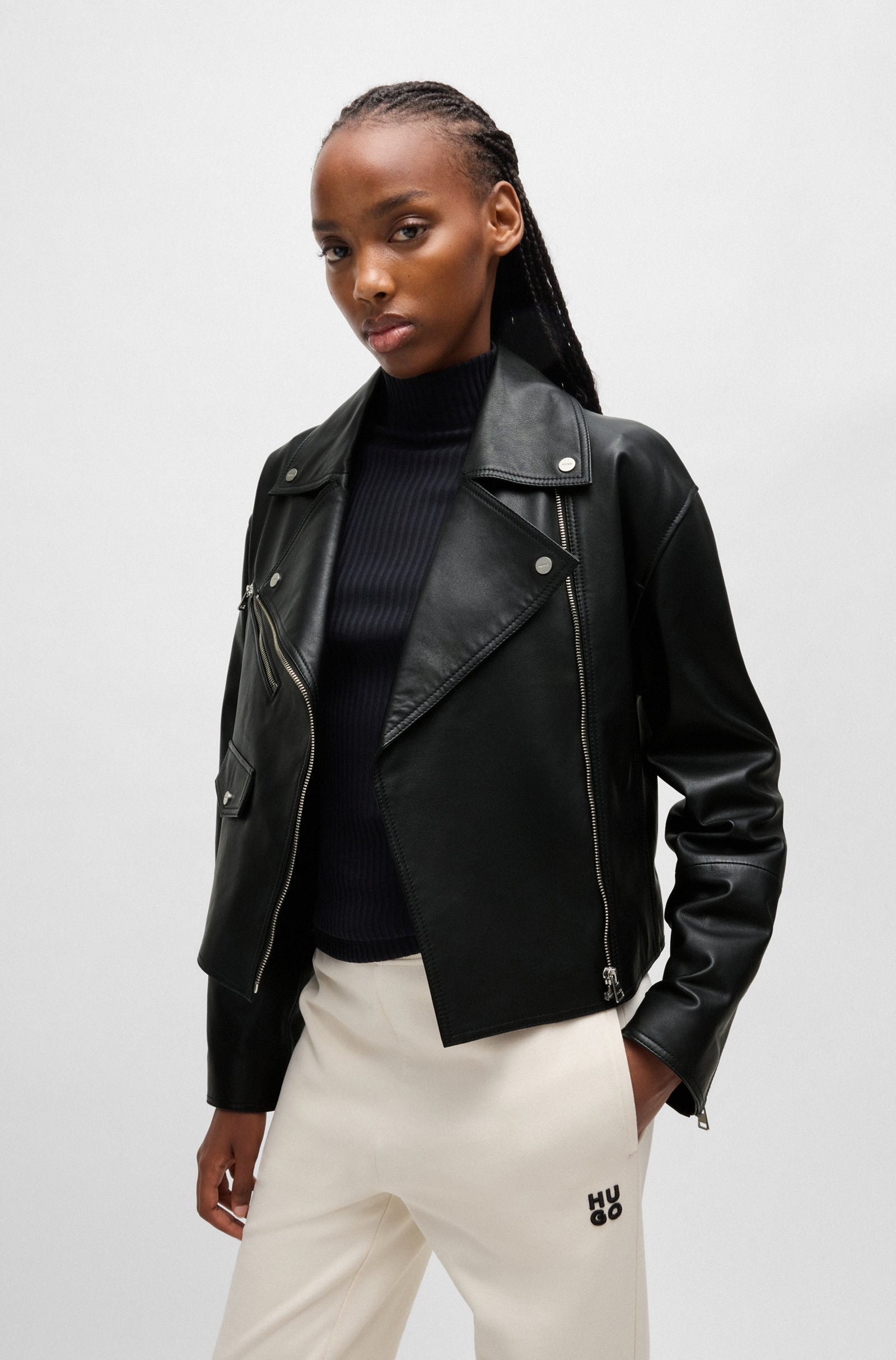 HUGO Leather biker jacket with zipped sleeves