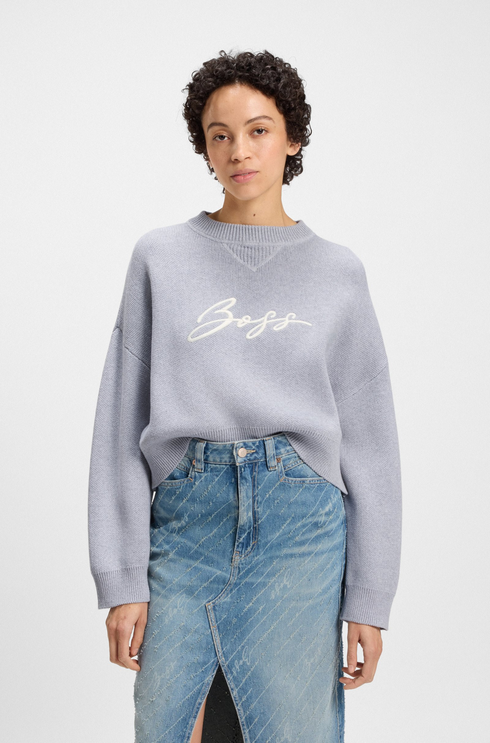 BOSS Cropped sweater in cotton with embroidered script logo