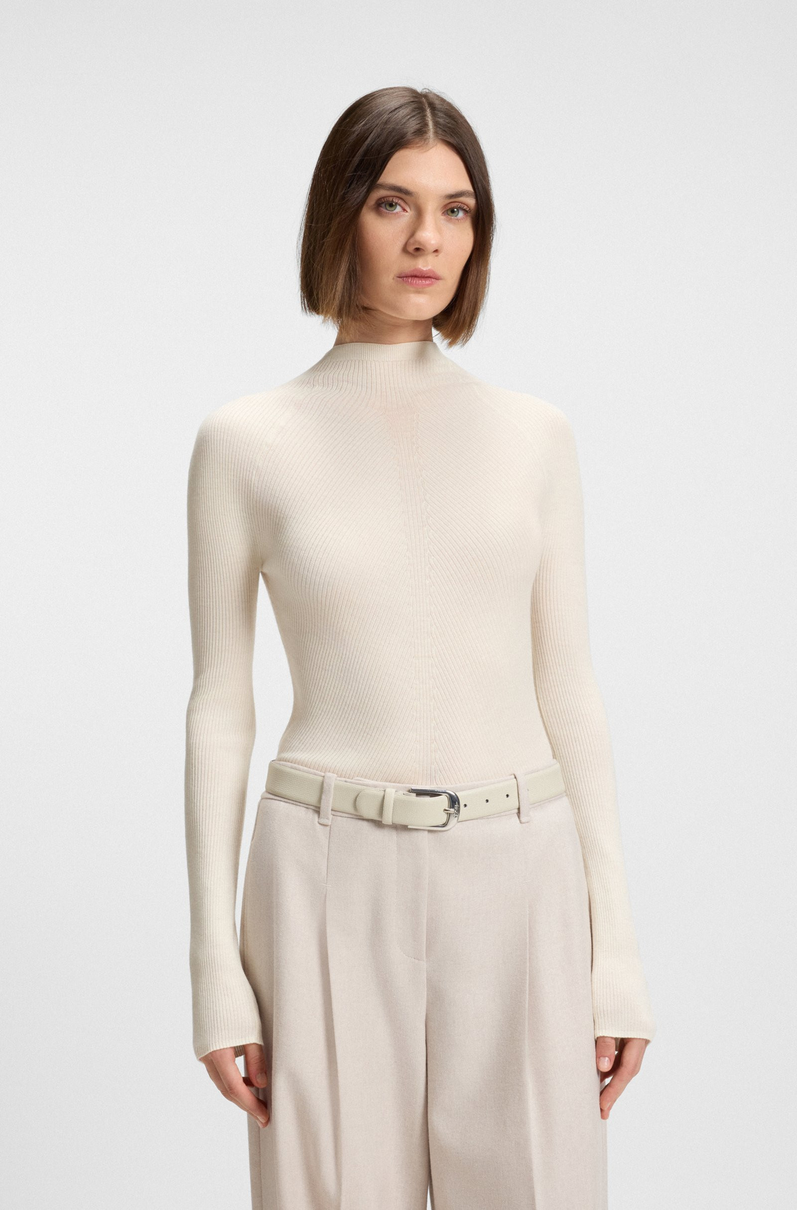 BOSS Mock-neck sweater in merino wool with mixed ribbing