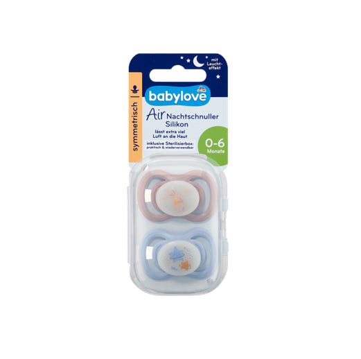 Air Night silicone symmetrical pacifier, blue/pink, 0–6 months, 2 pieces, Babylove