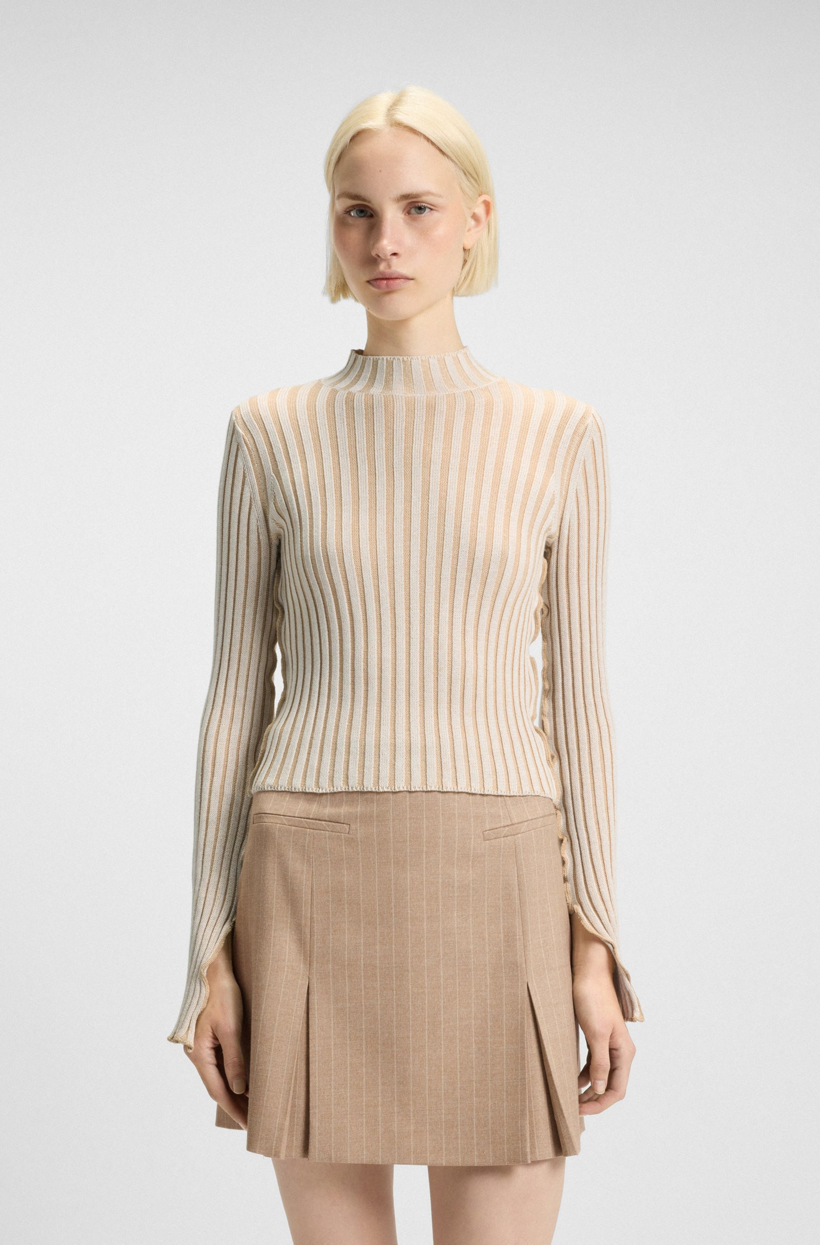 HUGO Mock-neck sweater in ribbed cotton with frilled seams